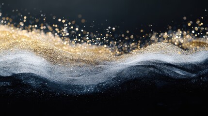 Abstract sparkling bokeh in shades of gold and silver, with shimmering light particles scattered across a dark gradient background.