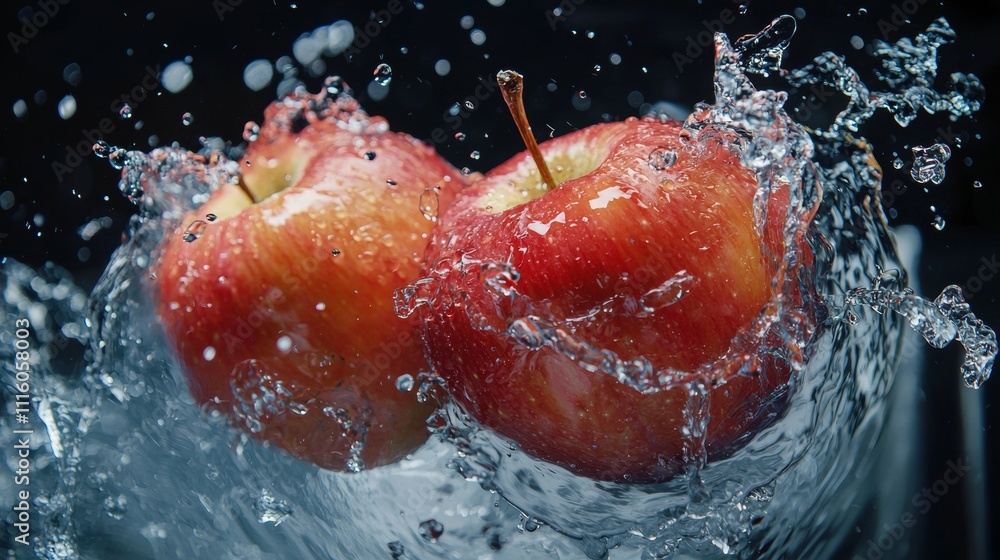 Poster red apples splashing in water with dynamic droplets