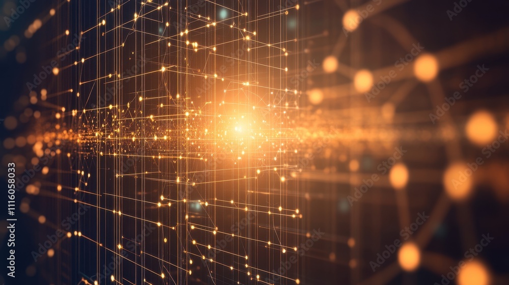 Poster glowing network of interconnected dots in an abstract technological landscape