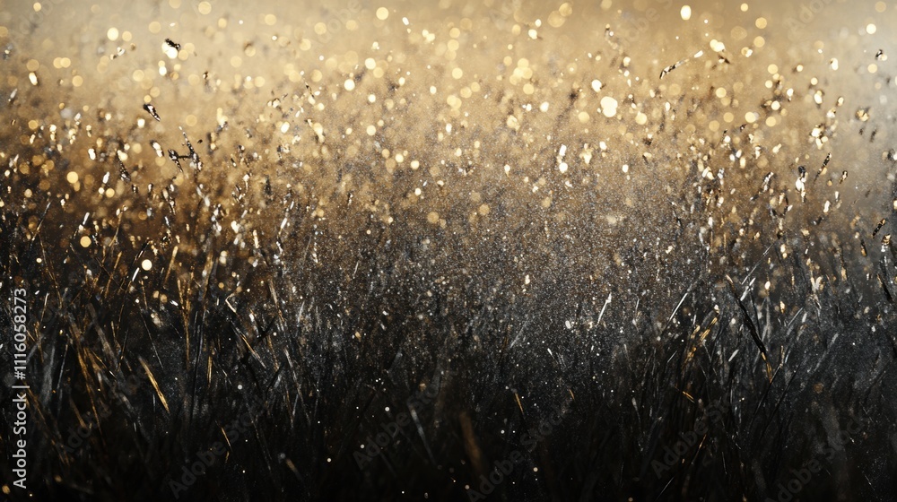 Poster abstract sparkling bokeh in shades of gold and silver, with shimmering light particles scattered acr
