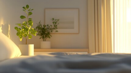 Serene Bedroom Scene With Plants And Morning Sunlight