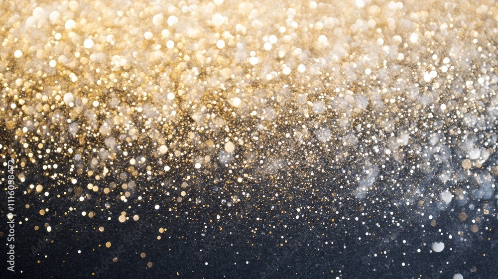 Poster abstract sparkling bokeh in shades of gold and silver, with shimmering light particles scattered acr