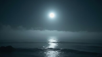 Moonlit Ocean Night Scene with Reflective Waters: Peaceful Seascape Photography Under Full Moon, Natural Maritime Atmosphere