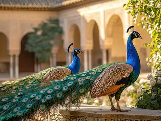 Two peacocks display plumage near ancient arches.