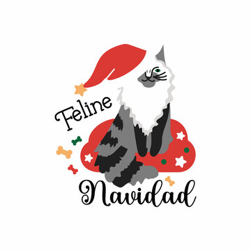 Pet's Christmas. Feline Navidad. Lettering design with cat character and festive elements.