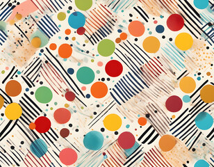 Multicolored curved checkered lines and confetti, polka dots, striped pattern on a light background