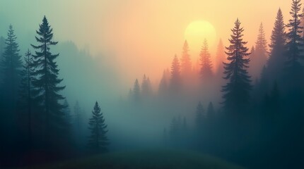 Through the Mist: A Fir Forest in Vintage Retro Aesthetic, Unveiling the Enigmatic Beauty of Nature Veiled in Fog