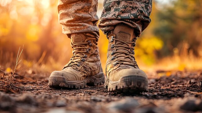 Close-up of military boots worn by a soldier standing on a dirt path in an autumnal forest. - Powered by Adobe