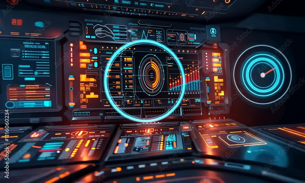 Poster futuristic digital control panel interface with glowing orange and blue elements displaying data and