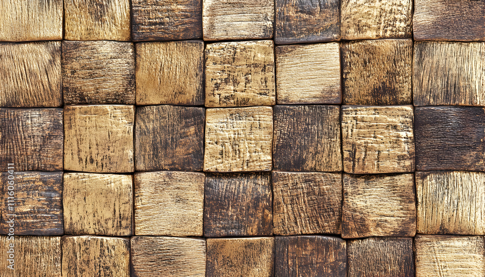 Poster Abstract background of square wooden blocks in brown and gold tones, creating a textured surface ideal for design projects.
