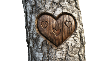 Wooden heart carved into tree trunk showing three smaller hearts with transparent background