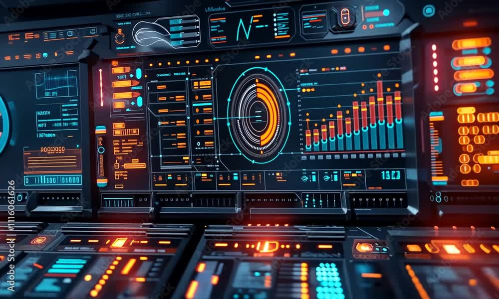 Aufkleber futuristic digital interface with glowing orange and blue displays showing data and graphs.