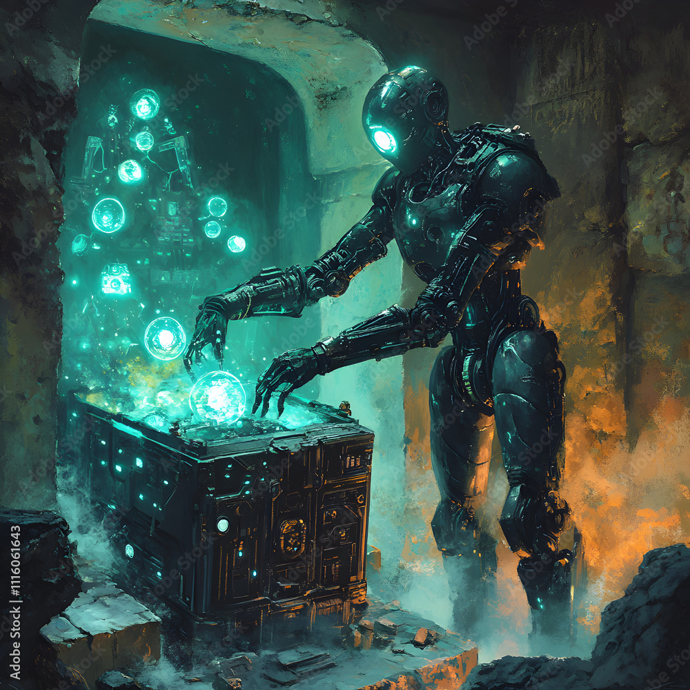Poster ai automaton unlocking mystical artifacts in a gothic setting futuristic illustration dark environme