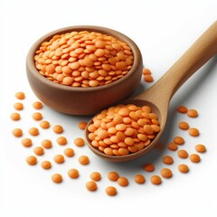 Organic orange lentils in wooden spoon isolated on white background