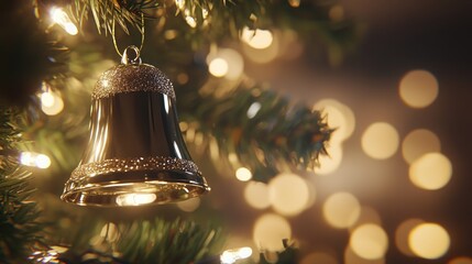Silver bell ornament hanging on a Christmas tree with warm bokeh lights.