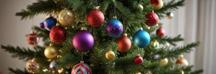 A festive holiday decoration setup on a Christmas tree features colorful ornaments and glass baubles , pinecones, winter wonderland scene, Colorful Christmas ornaments