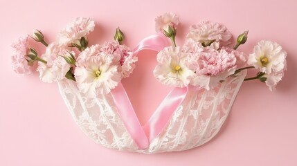Delicate Pink Eustoma Flowers Arranged with Lace and Ribbon on a Pink Background A Stunning Floral Composition