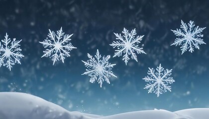 A group of snowflakes gently falling from the sky on a clear blue background, soft lighting, winter weather, snowflakes gently falling