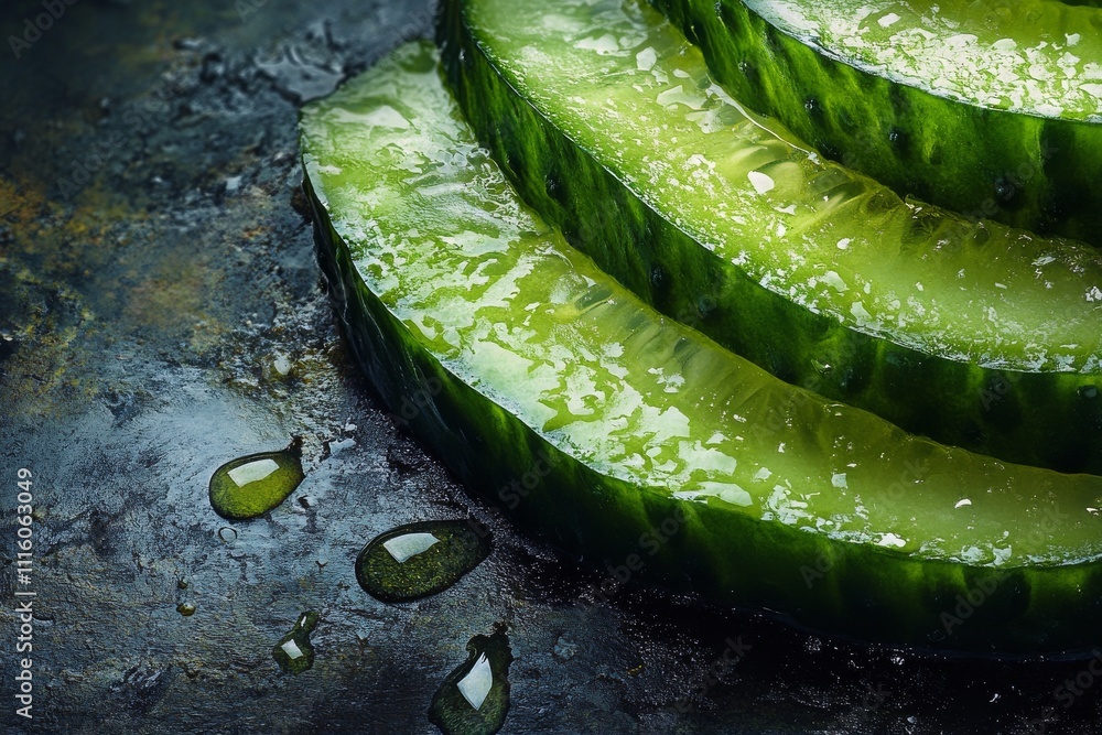 Poster refreshing green slices with water droplets arranged on a dark surface for a vibrant display