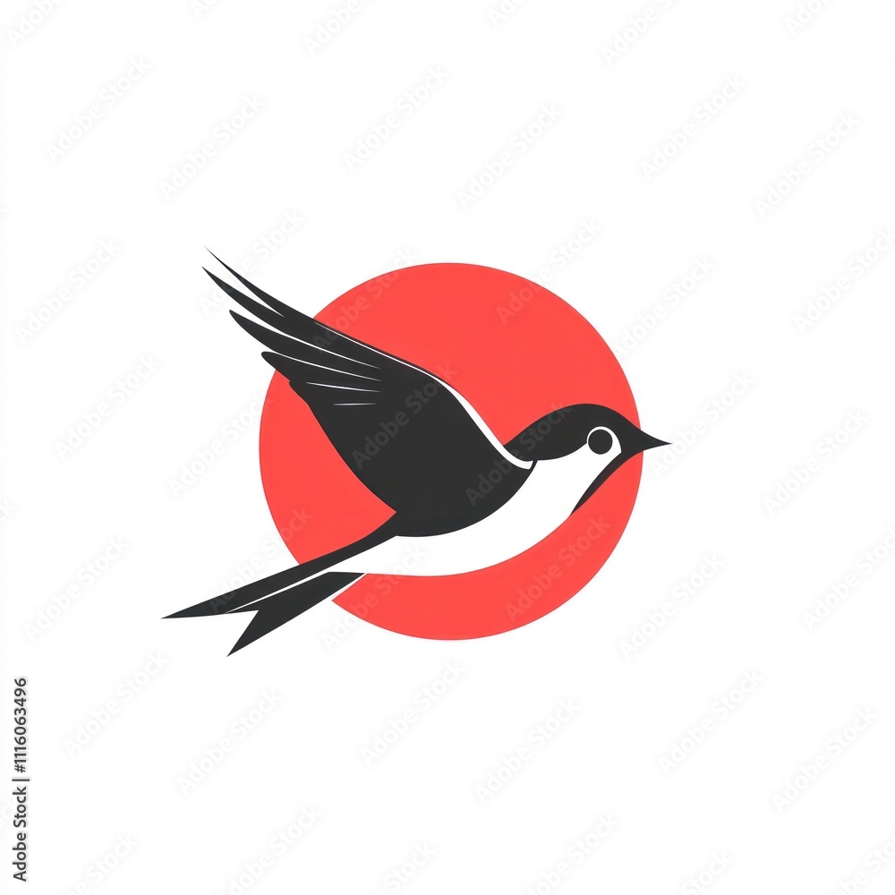 Poster here's a possible and keyword list for your image... stylized black bird in flight against a red cir