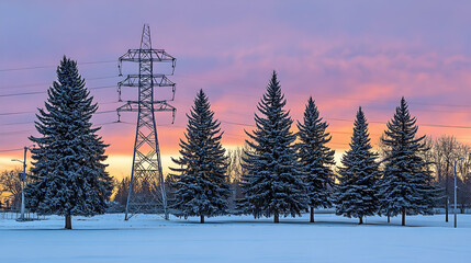 Obraz premium Serene winter sunrise scene featuring snow-covered evergreen trees silhouetted against a vibrant, colorful sky with a high-voltage power transmission tower in the background.