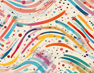 Multicolored curved checkered lines and confetti, polka dots, striped pattern on a light background