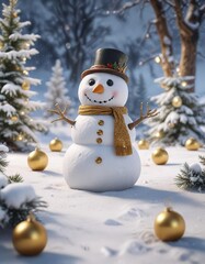 Obraz premium A snowy landscape with a small snowman and golden Christmas ornaments scattered around , scene, ornaments, snow
