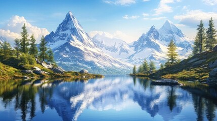 Majestic snow-capped mountains reflected in a serene lake.