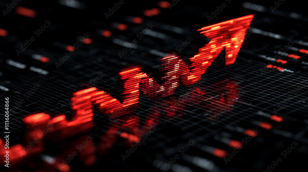 Poster bold red arrow points upwards sleek black background faint grid lines representing ambition and dete