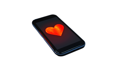 Smartphone showing glowing red heart on transparent background
