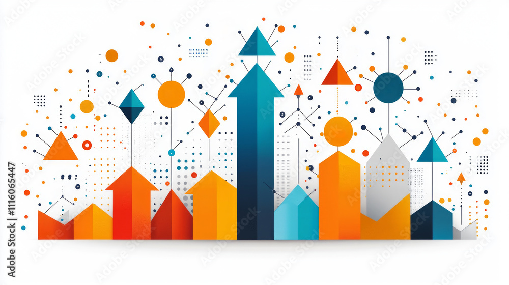 Poster dynamic progress graph features upward pointing arrows orange and blue highlighted geometric shapes 