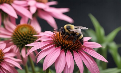Bumblebee crawling on the petals of a pink coneflower, pollinators, bees