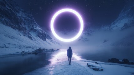 Obraz premium A white circular halo with purple and blue lines, a starry sky background