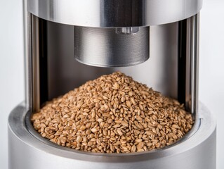 A close-up of a seed press machine, showcasing a mound of sesame seeds ready for oil extraction.