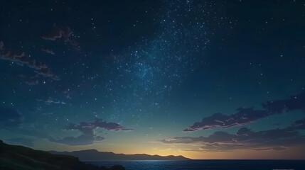 Obraz premium Serene coastal sunset with a breathtaking starry night sky; peaceful ocean view under a magnificent celestial display.