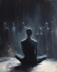Obraz premium A solitary figure seated in darkness, surrounded by shadowy forms.