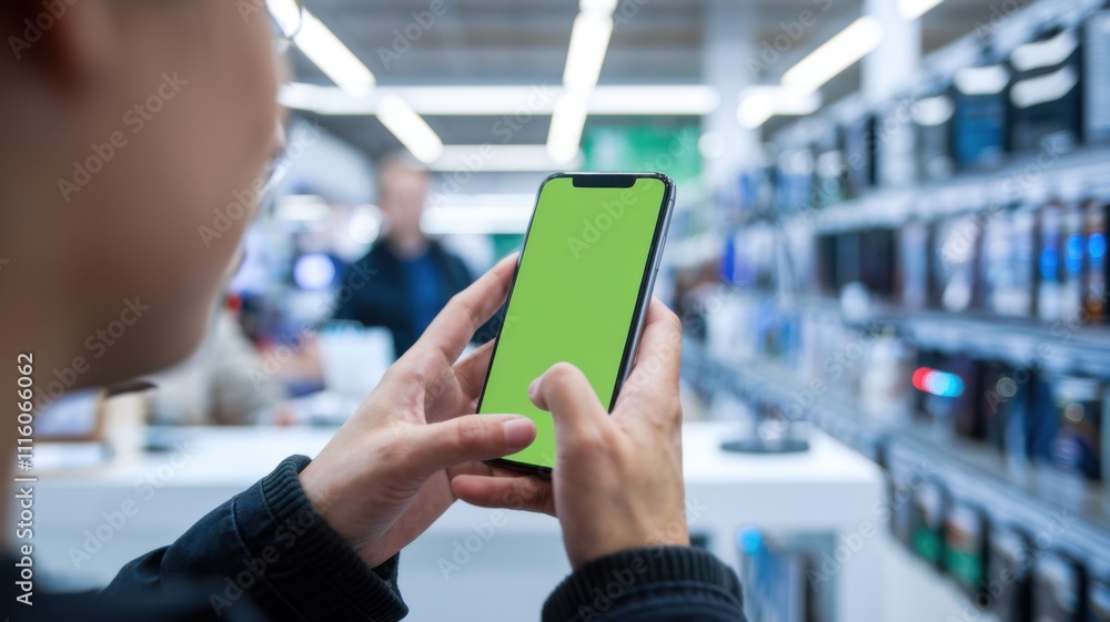 Poster a person using a smartphone with a blank screen in a tech store aisle.