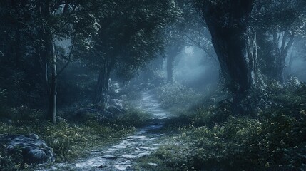 Obraz premium Mysterious foggy forest path at night.