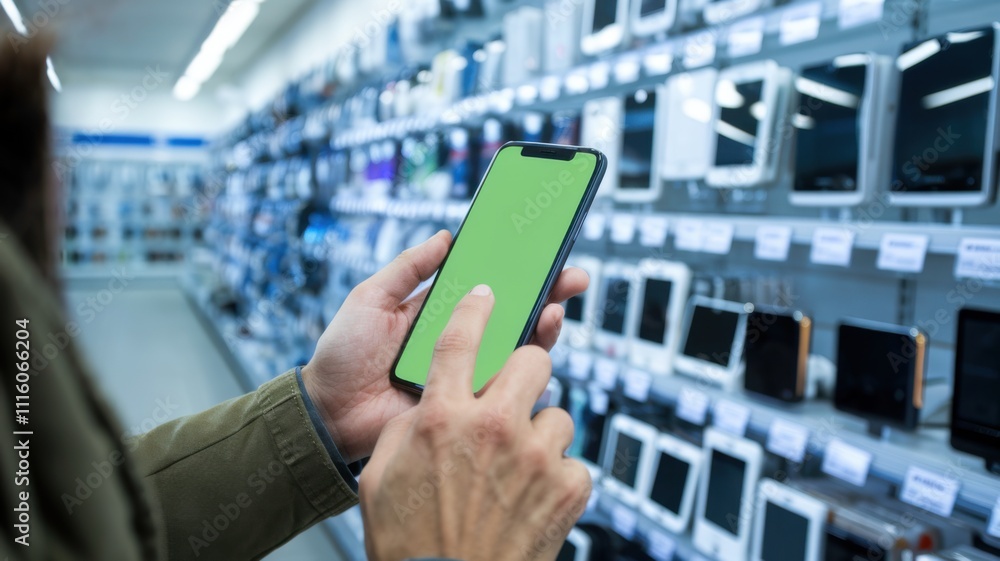 Poster a person using a smartphone with a green screen in a technology store.