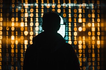 Silhouette of a Person Observing a Digital Wall of Binary Code in a Dark Environment, Emphasizing Technology and Data Processing Concepts