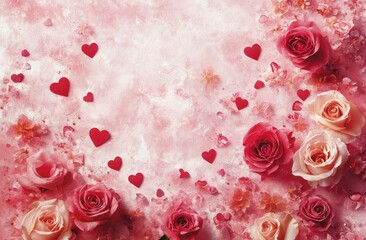 Beautiful arrangement of pink roses and hearts for romantic celebrations or events