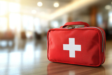 A red first aid kit. The concept of safety and emergency medical preparedness