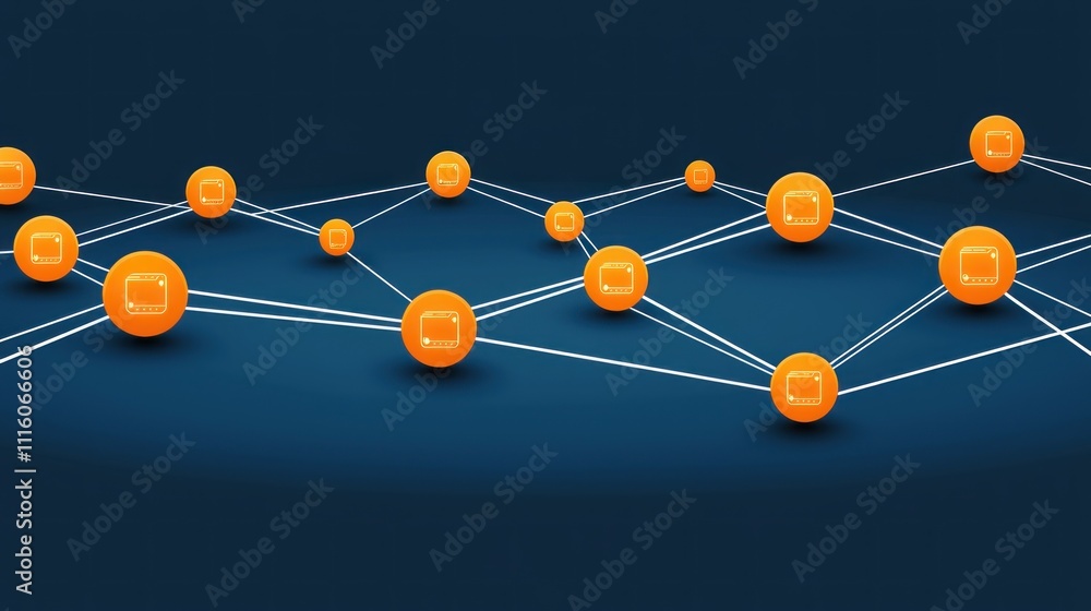Poster networked orange spheres: a visual representation of global connectivity and data exchange