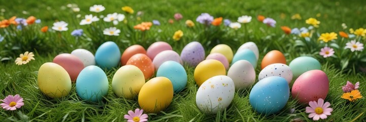 Colorful Easter eggs arranged on grass with flowers, decoration, painted, background
