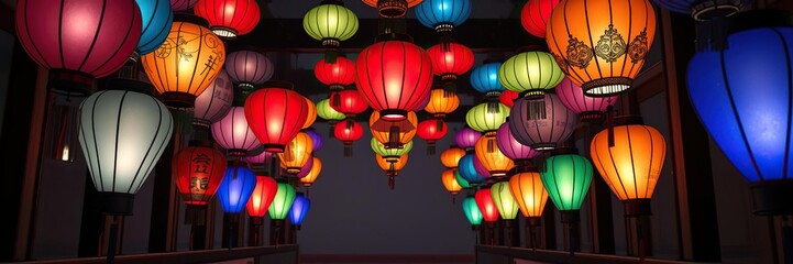 Obraz premium Colorful lanterns placed around a room, celebration theme, lanterns, outdoor decoration