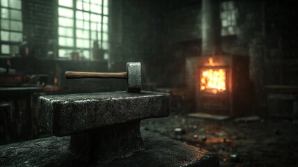 In a workshop filled with shadows, a hammer rests on a sturdy anvil