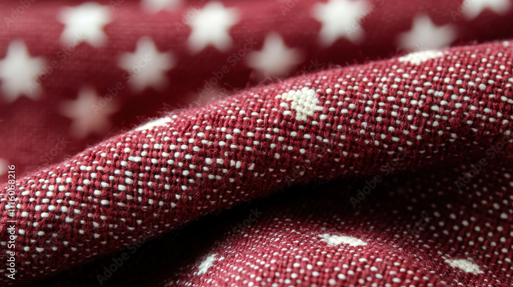Poster a close-up view of textured red fabric adorned with white stars, showcasing a soft and inviting patt