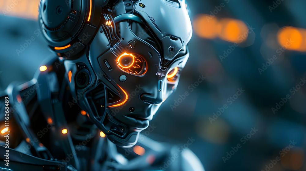 Aufkleber artificial intelligence concept: humanoid robot face. futuristic ai robot, a glimpse into the future