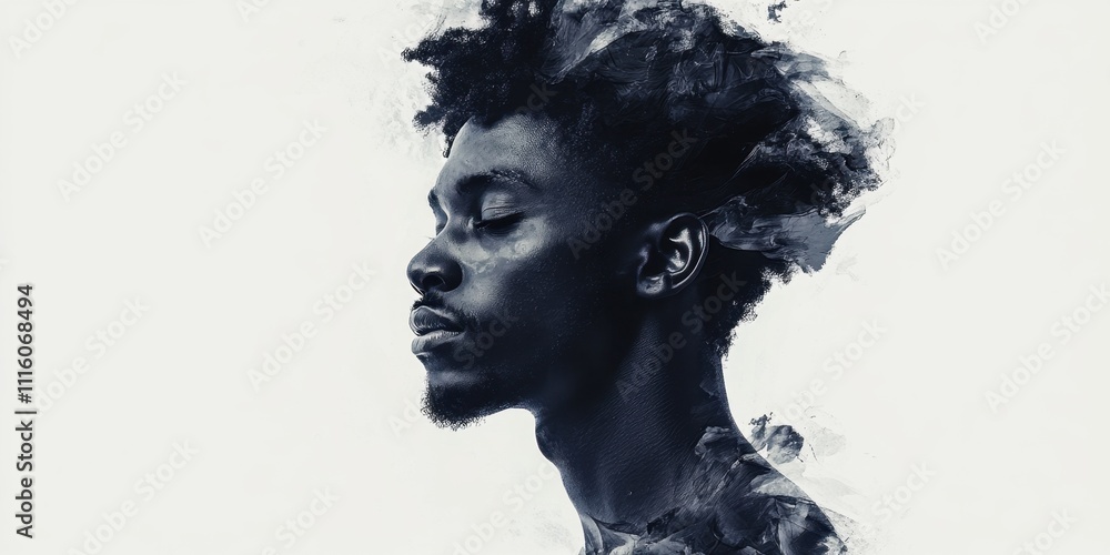 Poster portrait of calm reflection with ethereal haze surrounding a young man in a moment of introspection