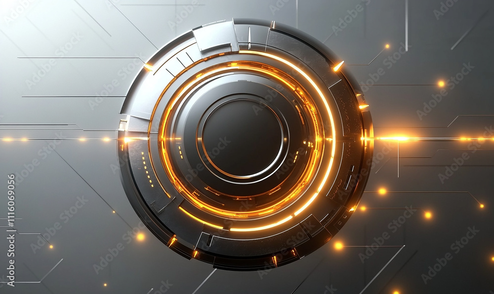 Fototapete a futuristic and high-tech logo featuring an abstract, circular design with golden light beams emana